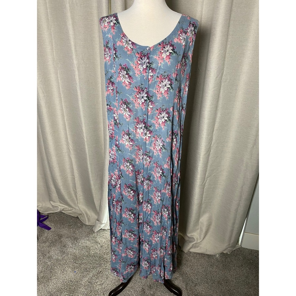 Vintage 90s M.P.H. Floral Rayon Maxi Dress Blue Pink Sleeveless Button Front M